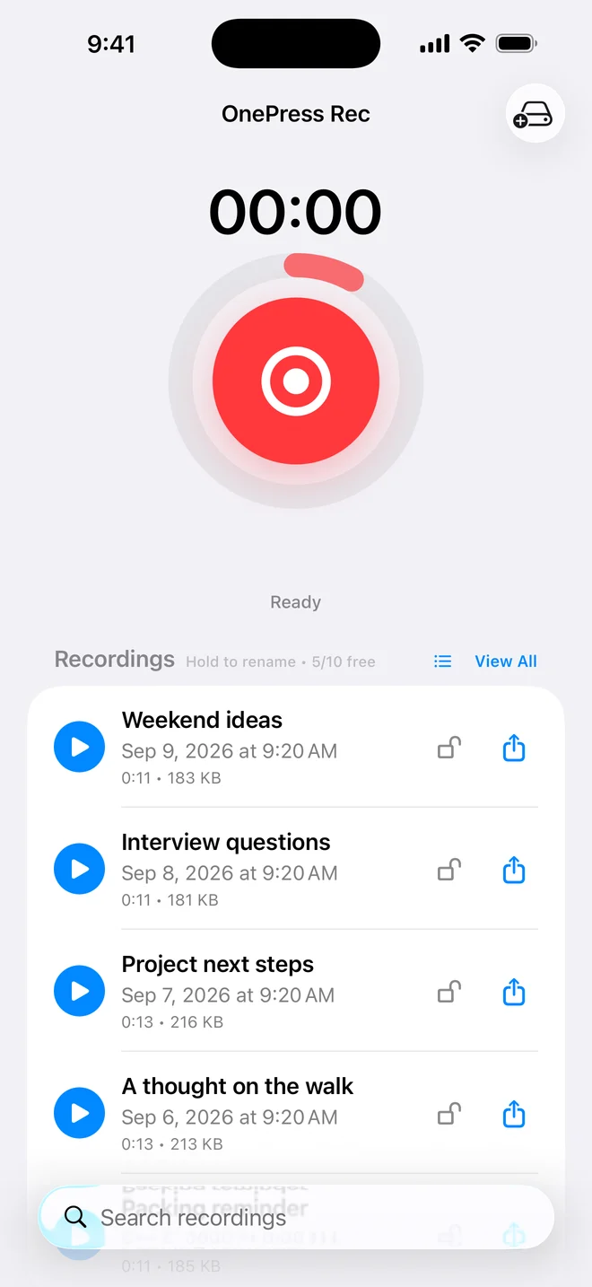 OnePress Rec recording screen with its main record button and saved audio list