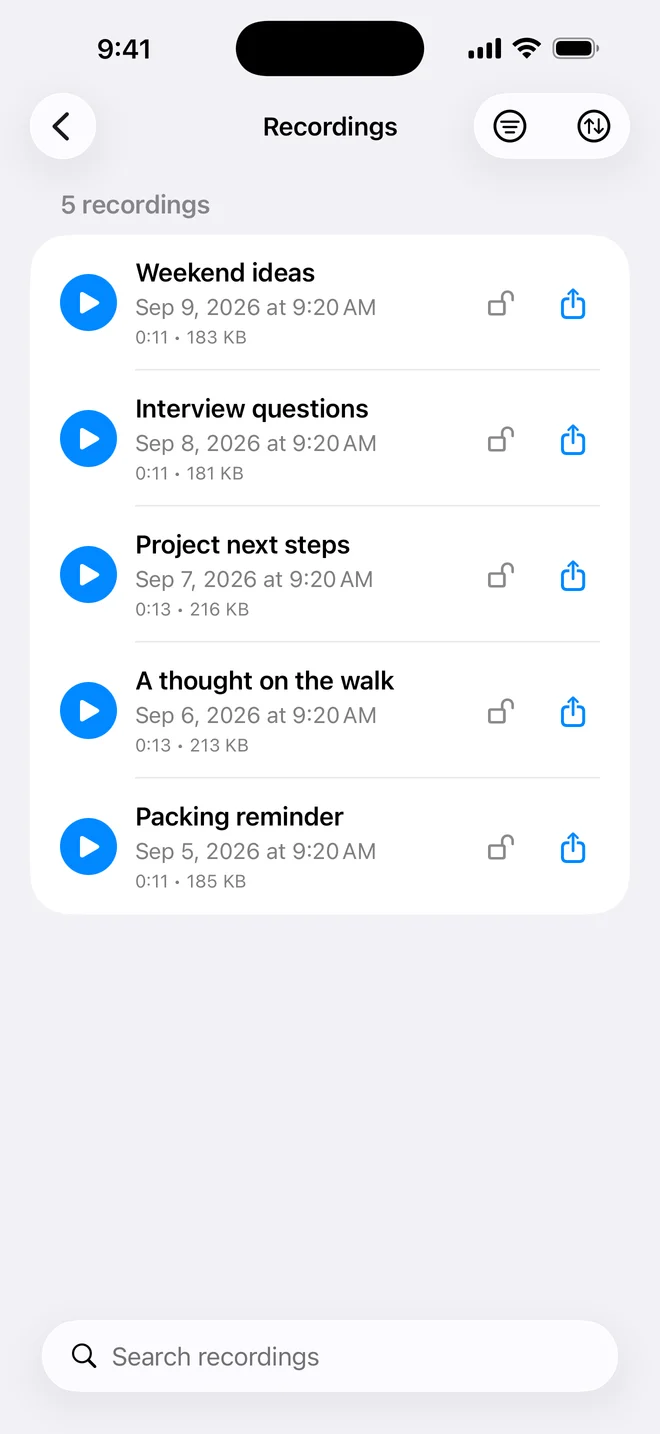 Recordings list with search field