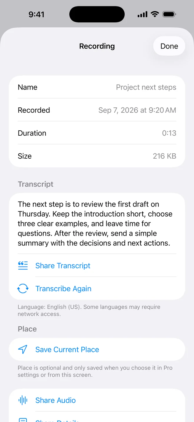 Saved transcript alongside a recording's details