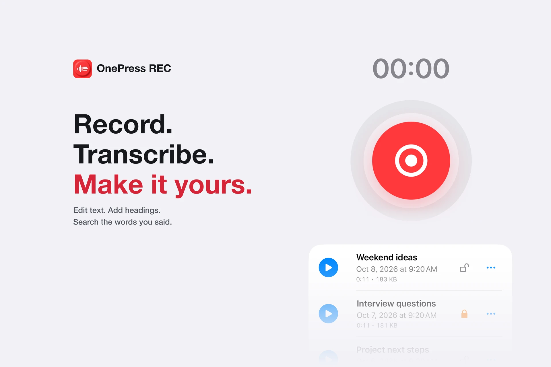 Approved REC 1.4 App Store search creative: timer, prominent red record button and fading list