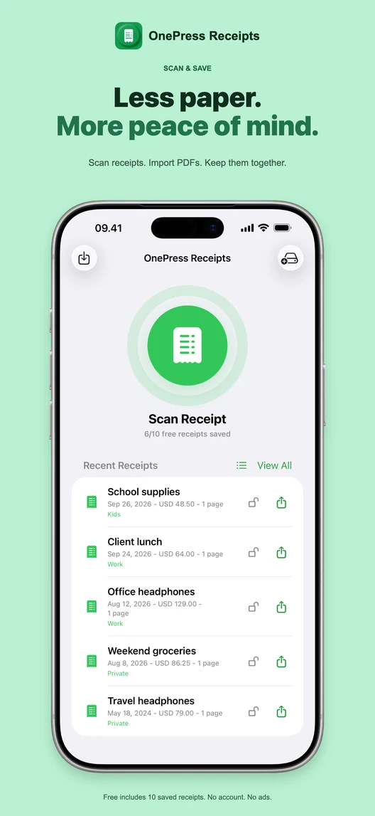 OnePress Receipts scan and save screen