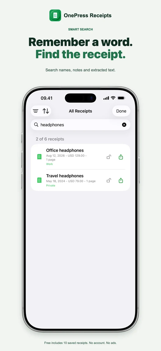 Search receipt names, notes and extracted text