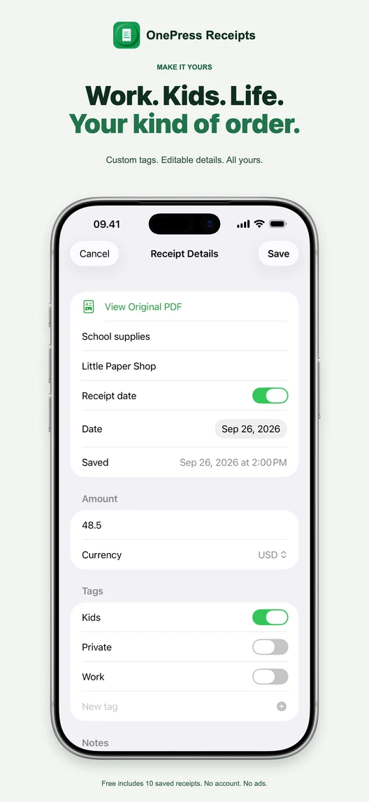 Custom receipt tags and editable details