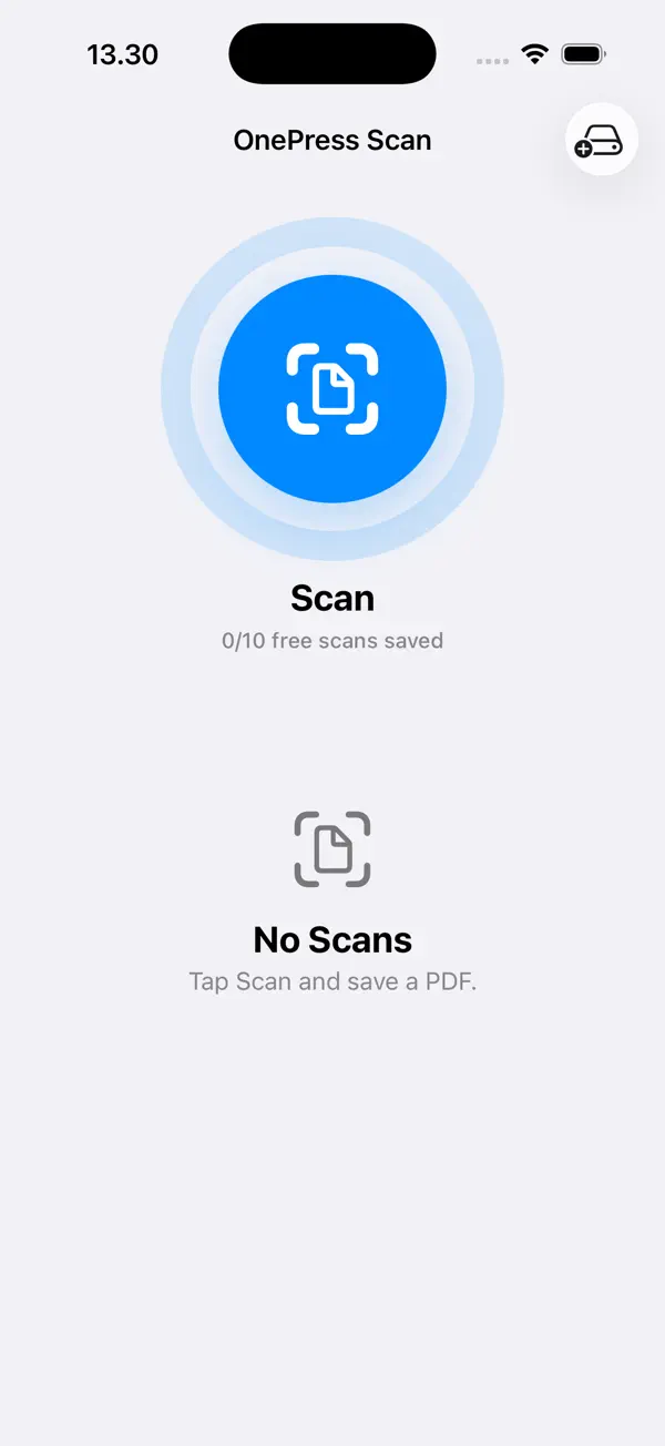 OnePress Scan ready screen with the main scan button.