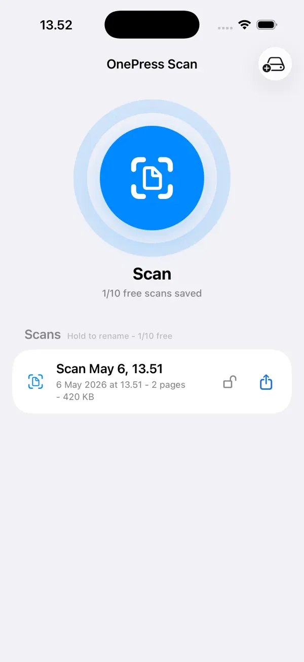 OnePress Scan list with saved scanned PDFs.