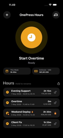 OnePress Hours work timer